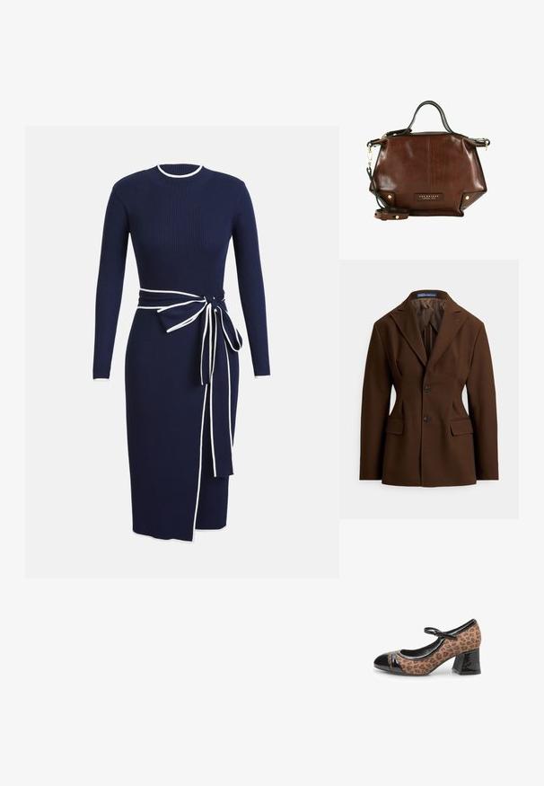 Blazer marrón a medida, confeccionado en tela suave. Cuenta con un cuello solapa con muesca, dos botones, bolsillos delanteros y una silueta estructurada.; Vestido de punto acanalado en color azul marino con mangas largas, escote redondo y ribete blanco. Presenta un cinturón atado en la cintura y una hendidura lateral como detalle.; Zapato Mary Jane con parte superior de tela con estampado de leopardo, acentos de charol negro en la puntera y el talón, y un tacón grueso. Incluye correa ajustable.; The Bridge Bandolera - marrone oro