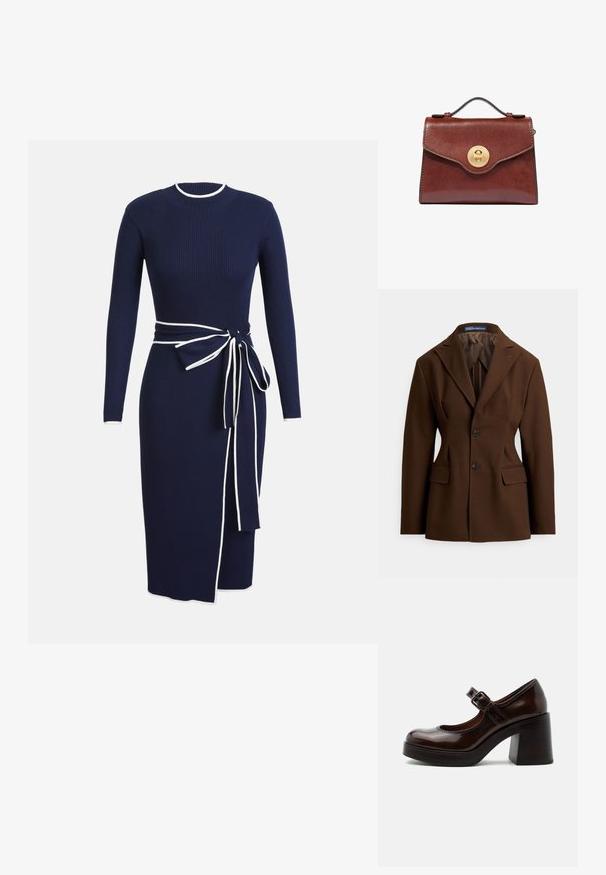 Blazer marrón a medida, confeccionado en tela suave. Cuenta con un cuello solapa con muesca, dos botones, bolsillos delanteros y una silueta estructurada.; Vestido de punto acanalado en color azul marino con mangas largas, escote redondo y ribete blanco. Presenta un cinturón atado en la cintura y una hendidura lateral como detalle.; Zapato Mary Jane de charol marrón oscuro con tacón alto grueso y correa ajustable con hebilla sobre fondo gris claro.; Bolso de cuero marrón con asa superior y cierre giratorio redondo de oro en la solapa frontal, sobre un fondo blanco.