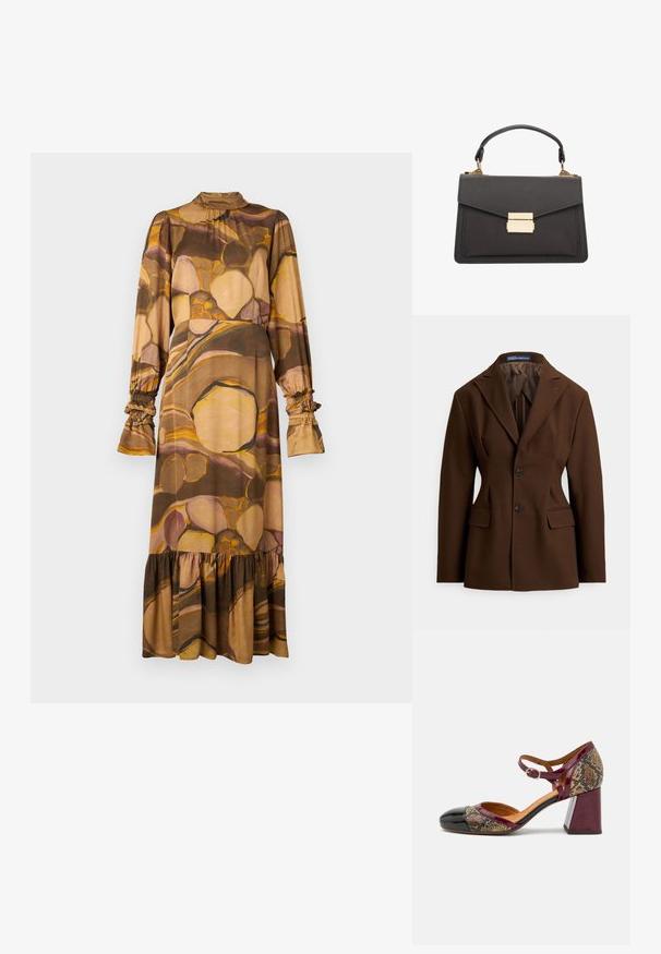 Brauner, maßgeschneiderter Blazer aus glattem Stoff. Besitzt einen Reverskragen, zwei Knöpfe, Vordertaschen und eine strukturierte Silhouette.; Langärmliges Kleid aus weichen, gemischten Materialien mit einem braunen und beigen abstrakten Muster, hohem Kragen, Rüschensäumen und einem rüschierten Saum.; Absatzschuh mit einer schwarzen Lackleder-Spitze, burgunderfarbenem Riemen und einem Obermaterial aus schlangenartig gemustertem Stoff; verfügt über einen klobigen Blockabsatz.; Graue Lederhandtasche mit strukturiertem Design, ausgestattet mit einem Handgriff oben, goldenen Beschlägen und einem Klappenverschluss mit einem rechteckigen Verschluss.