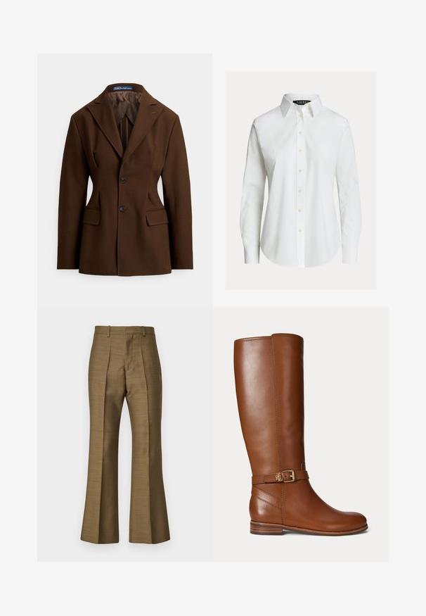 Blazer marron sur mesure en tissu lisse. Il présente un col cranté, deux boutons, des poches avant et une silhouette structurée.; Chemise blanche à manches longues avec col pointu, boutons sur le devant et ourlet légèrement incurvé.; Pantalons évasés marron en tissu lisse, dotés de plis avant, d'une taille cintrée et d'un léger reflet. Aucune quincaillerie ou motif visible.; Botte en cuir marron montant jusqu’au genou avec une petite boucle dorée et le logo "RL" sur la sangle près de la cheville, talon plat et finition lisse.