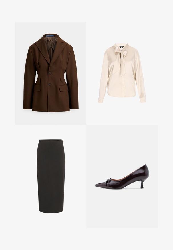 Blazer marron sur mesure en tissu lisse. Il présente un col cranté, deux boutons, des poches avant et une silhouette structurée.; Blouse en satin beige à manches longues, avec un col et un grand nœud papillon au niveau du cou. Fermetures à boutons sur le devant.; Jupe crayon noire en tissu lisse, présentant une coupe ajustée, une longueur mi-mollet et une taille élastique simple.; Escarpin à bout pointu en cuir verni marron foncé avec un petit nœud décoratif à l'avant et un talon bas et fin.