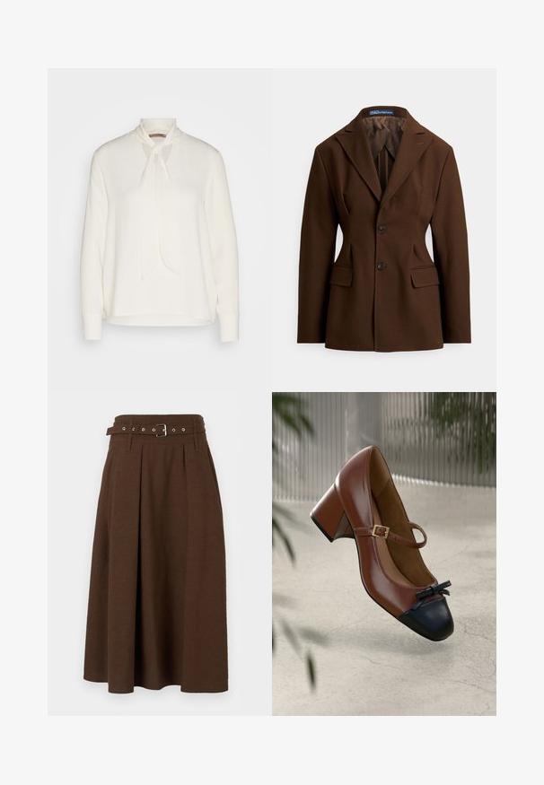 Blazer marron sur mesure en tissu lisse. Il présente un col cranté, deux boutons, des poches avant et une silhouette structurée.; Blouse blanche à manches longues avec un design à col noué, présentant une texture lisse et une coupe décontractée. Simple et élégante, sans motifs supplémentaires.; Jupe midi trapèze marron foncé avec taille haute, plis, passants de ceinture et ceinture assortie avec boucle argentée.; Talons Mary Jane en cuir marron avec bout noir, nœud noir, bride à boucle dorée et talon bloc sur un sol clair texturé.