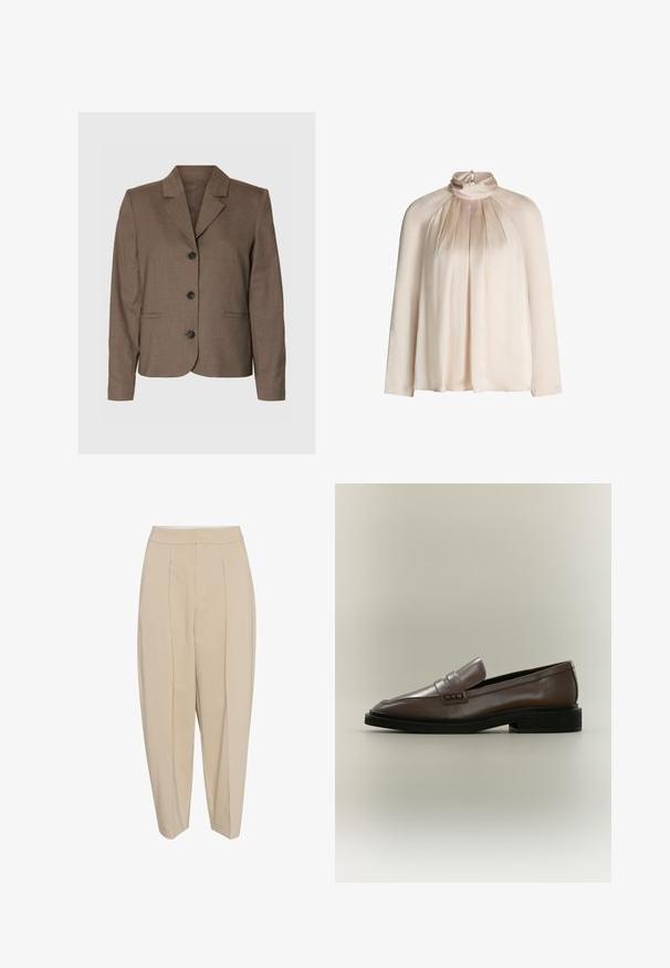 Bruine op maat gemaakte blazer met inkeping revers, drie zwarte knopen aan de voorkant en twee ingewerkte zakken, weergegeven tegen een effen achtergrond.; Beige satijnen blouse met hoge nek en lange mouwen, met een geplooide voorkant en een kleine sleutelgatknopen sluiting aan de achterkant van de hals.; Beige op maat gemaakte broeken met een hoge taille, geplooide voorkant en taps toelopende pijpen. De stof lijkt glad met een subtiele glans. Geen zichtbare zakken.; Bruine leren instapschoen met zwarte zool en lage hak, met een banddetail over de bovenkant.