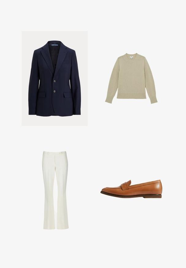 Blazer azul marino para hombre con solapas con muesca, dos botones, bolsillos con solapa y un bolsillo en el pecho, marca Polo de Ralph Lauren.; Suéter de punto beige con cuello redondo, dobladillo y puños acanalados. Tejido ligeramente texturizado con detalles cosidos a lo largo de las mangas.; Pantalones acampanados blancos en una tela suave. Presenta dos bolsillos frontales y un cierre de botón en la parte delantera, con un sutil detalle de pliegues.; Mocasín de cuero marrón claro con un diseño elegante, que presenta un detalle de correa frontal, punta redondeada y tacón bajo marrón. Textura suave, estilo minimalista.