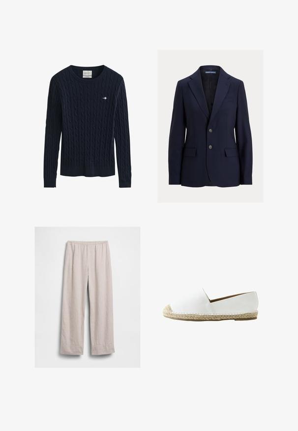 Marineblauer Herrenblazer mit Kerbkragen, zwei Knöpfen, Klappentaschen und einer Brustleistentasche, Marke Polo von Ralph Lauren.; Marineblauer, kabelgestrickter Langarmpullover mit Rundhalsausschnitt und kleinem gesticktem Logo auf der linken Brust.; Hellbeige locker sitzende Hose mit elastischem Bund, geraden Beinen und ohne sichtbare Taschen, flach auf weißem Hintergrund dargestellt.; Weißer Espadrille-Schuh zum Hineinschlüpfen mit gewebter Jutsohle und geschlossenem, abgerundetem Vorderfuß, seitlich rechts auf weißem Hintergrund gezeigt.