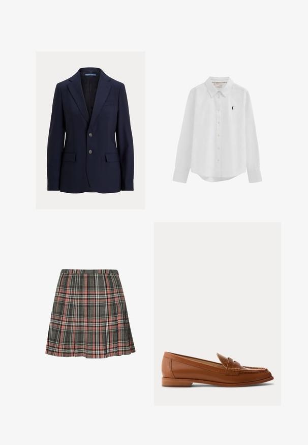 Navyblå herreblazer med notch-kraver, to knapper, lommer med klap og en brystlomme, mærket Polo af Ralph Lauren.; Hvid langærmet skjorte med knapper, krave og lille sort broderet polo-spillerlogo på venstre bryst.; Rutnederdel i grå og pink med plisseret design og sorte og hvide accenter. Fremstillet af vævet stof, midt på låret længde.; Brun læderloafer med lavt træsål, klassisk penny-rem og syet detalje langs tå og sider.