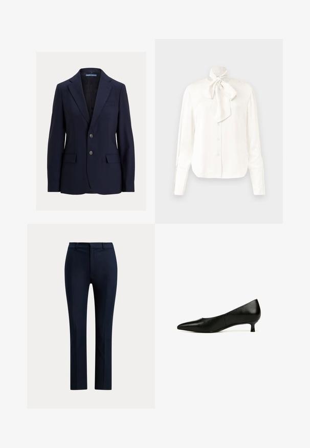 Marineblauwe herenblazer met inkepingskraag, twee knopen, klepzakken en een borstpaspelzak, gelabeld Polo van Ralph Lauren.; Witte langarmblouse van een lichtgewicht stof met een hoge kraag en grote strikdetail bij de hals, voorzien van een knoopsluiting aan de voorkant.; Marineblauwe, op maat gemaakte pantalon met rechte pijpen, riemlussen en een voorritssluiting.; Zwarte leren kitten heel schoen met een spitse neus, een gladde textuur en een minimalistisch ontwerp. De hakhoogte is ongeveer 3,8 centimeter.