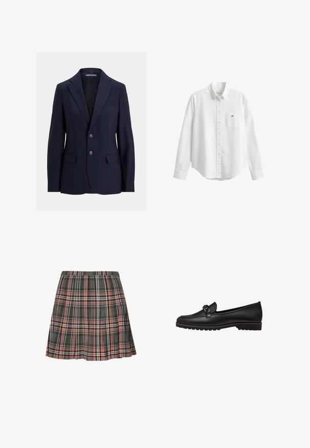 Blazer azul marino para hombre con solapas con muesca, dos botones, bolsillos con solapa y un bolsillo en el pecho, marca Polo de Ralph Lauren.; Camisa blanca de manga larga con botones, cuello y bolsillo en el pecho con pequeño logo bordado sobre un fondo liso.; Falda de cuadros en gris y rosa, con un diseño plisado y detalles en negro y blanco. Hecha de tela tejida, con longitud hasta la mitad del muslo.; Mocasines de cuero negro con un acento trenzado en la parte delantera, suela de goma plana y detalles de costura a lo largo del borde.