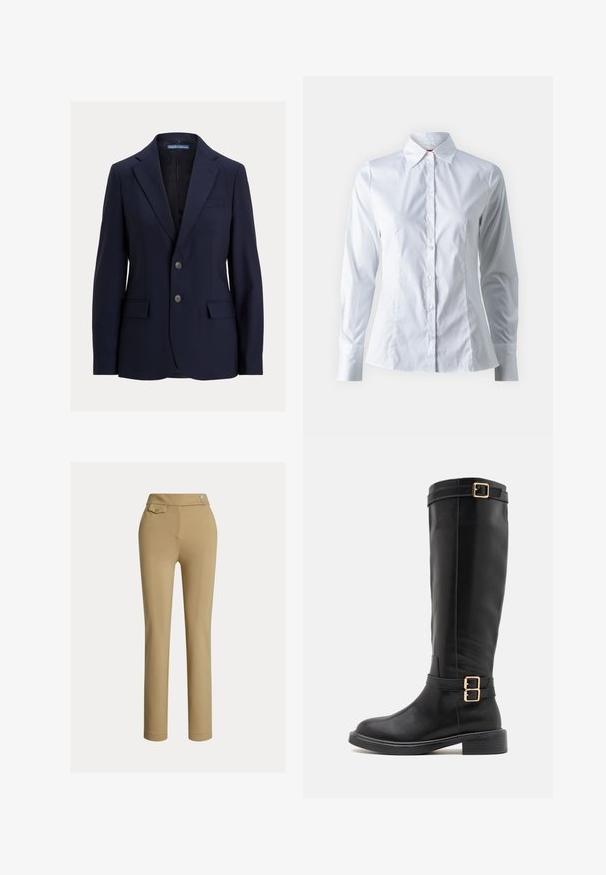 Blazer bleu marine pour homme avec revers crantés, deux boutons, poches à rabat et une poche poitrine passepoilée, étiquette Polo par Ralph Lauren.; Chemise blanche à manches longues, col pointu, design ajusté, en tissu de coton lisse et fermeture à boutons sur le devant.; Pantalons slim beige pour femmes avec taille haute, deux boutons sur le côté et une petite poche à rabat boutonnée près de la taille.; Bottes noires à hauteur de genou en cuir lisse avec un bout arrondi, un talon épais et des accents de double boucle dorée sur la sangle de la cheville.