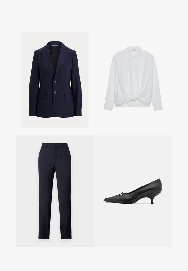 Marineblauer Herrenblazer mit Kerbkragen, zwei Knöpfen, Klappentaschen und einer Brustleistentasche, Marke Polo von Ralph Lauren.; Weißes Langarmhemd mit Kragen, Knopfleiste und verdrehtem Knoten-detail am Saum. Glattes Material mit lässiger Passform.; Marineblaue Tailored-Hosen mit geradem Schnitt, ausgestattet mit glattem Material, zwei frontalen Taschen und einem schlichten Bund.; GIABORGHINI DANA - Pumps - black