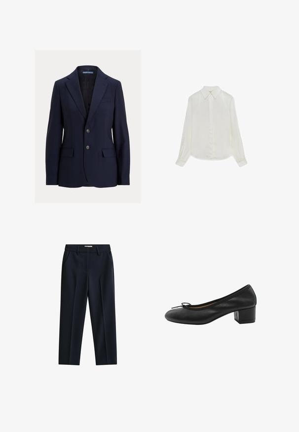 Marineblauwe herenblazer met inkepingskraag, twee knopen, klepzakken en een borstpaspelzak, gelabeld Polo van Ralph Lauren.; Wit overhemd met lange mouwen, knopen aan de voorkant, puntige kraag en manchetten, plat uitgestald op een witte achtergrond.; Marineblauwe op maat gemaakte broek met riemlussen, zijzakken en een voorrits op een witte achtergrond.; Zwarte leren pump met een ronde neus, klein strikje aan de voorkant en een vierkante blokhak. Gladde textuur met minimale ontwerpaccenten.