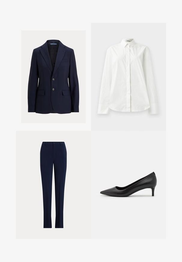 Blazer bleu marine pour homme avec revers crantés, deux boutons, poches à rabat et une poche poitrine passepoilée, étiquette Polo par Ralph Lauren.; Chemise blanche en coton à manches longues avec un col pointu, fermeture à boutons sur le devant et ourlet arrondi. Texture lisse, coupe régulière et sans motifs.; Pantalon droit sur mesure bleu marine foncé avec un bouton et des passants de ceinture sur un fond clair.; Escarpin noir en cuir avec un bout pointu et un petit talon. Texture lisse, design épuré et détails subtils au niveau du talon.