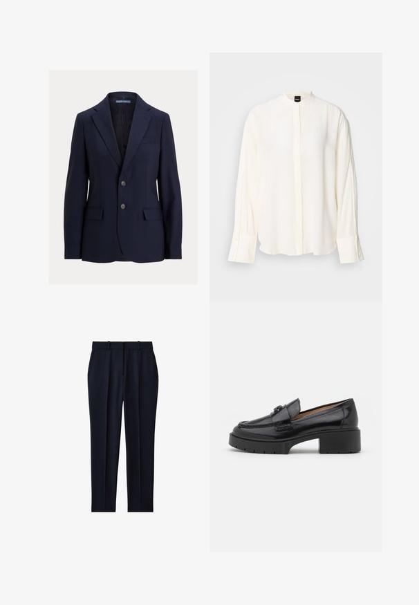 Blazer azul marino para hombre con solapas con muesca, dos botones, bolsillos con solapa y un bolsillo en el pecho, marca Polo de Ralph Lauren.; Blusa de manga larga color crema hecha de tela suave; cuello mandarín, tapeta frontal, puños abotonados y un corte holgado.; Pantalones entallados en azul marino con trabillas para cinturón, bolsillos laterales, detalle de pliegue frontal y corte recto.; Mocasín de cuero negro con tacón bajo, punta redondeada, correa decorativa y detalle de costura texturizada en la parte superior. Acabado suave.