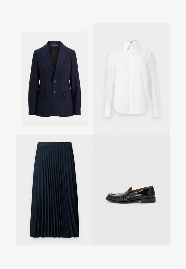 Navyblå herreblazer med notch-kraver, to knapper, lommer med klap og en brystlomme, mærket Polo af Ralph Lauren.; Hvid langærmet skjorte lavet af bomuld, med spidse kraver, forlommer og knaplukning foran. Glat tekstur.; Fryse navy nederdel med en struktureret talje, lavet af et glat stof, med jævnt fordelt lodrette frynser og en længde til midt på læggen.; Sorte patentlæder loafers med frangesmykning på fronten og rund tå. Sålen er flad og tekstureret for godt greb.