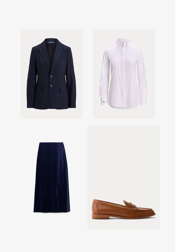 Navyblå herreblazer med notch-kraver, to knapper, lommer med klap og en brystlomme, mærket Polo af Ralph Lauren.; Hvid langærmet skjorte med knapper foran, knappet krave og lille broderet logo på venstre manchet.; Mørkeblå plisseret midi-nederdel lavet af letvægtsstof med en glat overflade, der har jævnt fordelt lodrette folder og en elastisk talje.; Brun læderloafer med lavt træsål, klassisk penny-rem og syet detalje langs tå og sider.
