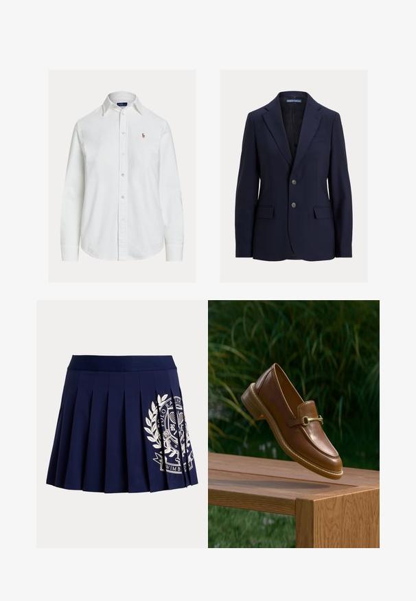 Blazer bleu marine pour homme avec revers crantés, deux boutons, poches à rabat et une poche poitrine passepoilée, étiquette Polo par Ralph Lauren.; Chemise blanche à manches longues, boutonnée avec col et petit logo brodé sur la poitrine gauche, présentée sur fond uni.; Jupe plissée bleu marine avec une large ceinture et un logo blanc à thème tennis sur le bas à droite.; Mocassin en cuir marron avec détail de boucle dorée flottant au-dessus d'un banc en bois en plein air avec un fond de feuillage vert.
