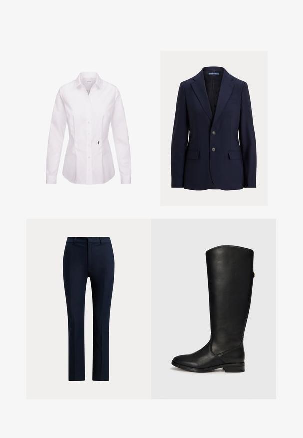 Navyblå herreblazer med notch-kraver, to knapper, lommer med klap og en brystlomme, mærket Polo af Ralph Lauren.; Hvid langærmet skjorte med knapper, klassisk krave, frontplade, sidesømme og en sort broderet rosedetalje nær kanten.; Mørk marineblå skræddersyede bukser med lige ben, bæltestropper og frontlynlås på hvid baggrund.; Sort knæhøj læder støvle med rund tå, minimal syning og en lille hæl. Glat tekstur og et rent, enkelt design.