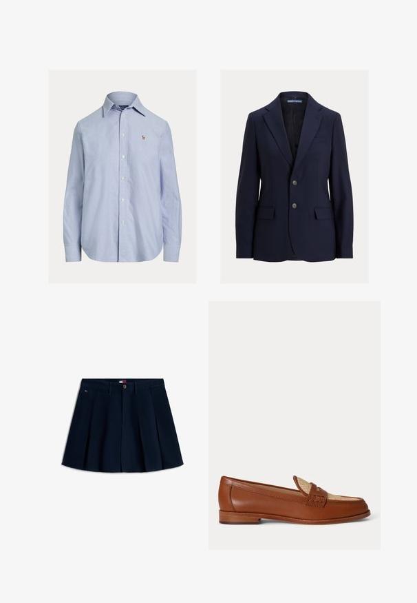 Tmavomodré pánske sako s výrezovými klopami, dvoma gombíkmi, vreckami s chlopňami a náprsným vreckom, značky Polo od Ralph Lauren.; Svetlomodrá košeľa s dlhým rukávom na gombíky, so špicatým golierom a malým vyšitým logom na ľavej strane hrude.; Tmavomodrá plisovaná mini sukňa s prednými gombíkmi a zipsom, pútkami na opasok, bočnými vreckami a malým logom na ľavom bedro.; Hnedá kožená mokasína s pleteným béžovým panelom na vrchu, nízkym dreveným podpätkom a tradičným dizajnom remienka na mincu na bielom pozadí.
