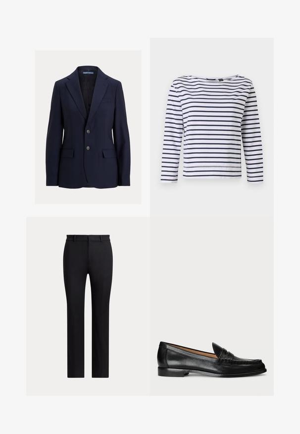 Navyblå herreblazer med notch-kraver, to knapper, lommer med klap og en brystlomme, mærket Polo af Ralph Lauren.; Stribet langærmet top i hvid og marineblå, med en bådudskæring og en afslappet pasform. Lavet af blødt bomuldsstof med syede kanter.; Sorte skræddersyede bukser med lige ben, bæltestropper og forlukning, vist mod en ensfarvet lys baggrund.; Lauren Ralph Lauren WYNNIE - Loafers - black