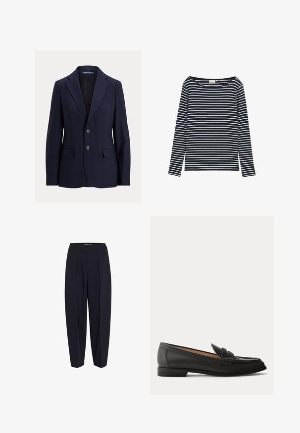 Marineblauwe herenblazer met inkepingskraag, twee knopen, klepzakken en een borstpaspelzak, gelabeld Polo van Ralph Lauren.; Navy en witte gestreepte langarmshirt met een brede halslijn, gemaakt van een zacht materiaal, met gelijkmatig verdeelde horizontale strepen.; Marineblauwe broek met een hoge taille, voorzien van voorplooien en een tapse pasvorm. Gemaakt van een soepele stof zonder zichtbare hardware of patronen.; Zwarte leren damesslof met lage hak, afgeronde neus en gestikte details op het bovenwerk, van opzij getoond tegen een effen achtergrond.