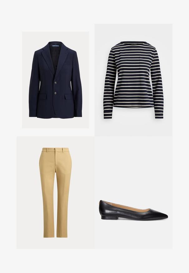 Navyblå herreblazer med notch-kraver, to knapper, lommer med klap og en brystlomme, mærket Polo af Ralph Lauren.; Mørkeblå langærmet skjorte med hvide vandrette striber, rund halsudskæring og en lille brystlomme. Har knapdetaljer på skulderen.; Beige bukser med lige ben, bæltestropper, foran lynlås og skræddersyede folder på en ensfarvet lys baggrund.; Sorte læder ballethsko med spids tå, lav hæl og et guldakcent på hælen. Glat tekstur med en klassisk silhuet.