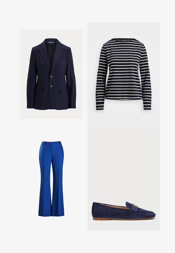 Blazer azul marino para hombre con solapas con muesca, dos botones, bolsillos con solapa y un bolsillo en el pecho, marca Polo de Ralph Lauren.; Camisa de manga larga azul marino con rayas horizontales blancas, escote redondo y un pequeño bolsillo en el pecho. Presenta detalles de botones en el hombro.; Pantalones azules acampanados hechos de tejido texturizado, con una cintura ajustada y detalle de plisado en la parte delantera, adecuados para ocasiones formales o informales.; Mocasines de ante azul marino con una Silueta esbelta, con un detalle de metal en tono dorado en el empeine y una suela de goma plana.