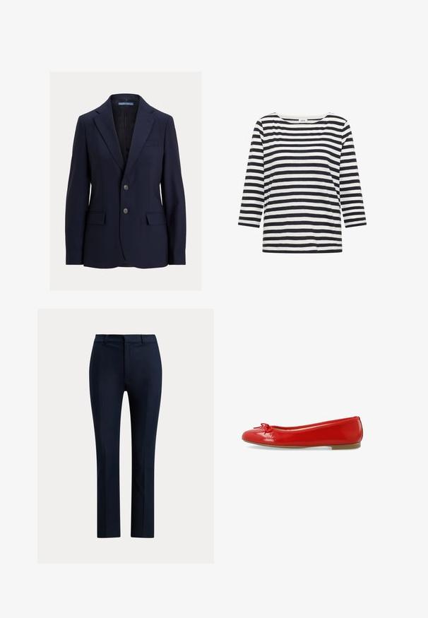 Blazer bleu marine pour homme avec revers crantés, deux boutons, poches à rabat et une poche poitrine passepoilée, étiquette Polo par Ralph Lauren.; Chemise à manches longues à rayures horizontales noires et blanches, avec un col rond et une étiquette portant la mention "Cecil" au niveau du col.; Pantalon habillé bleu marine sur mesure, coupe droite, passants de ceinture et fermeture éclair à l’avant.; Ballerines en cuir verni rouge avec un bout arrondi, un nœud sur le devant et une semelle en caoutchouc beige basse. Texture de surface lisse.