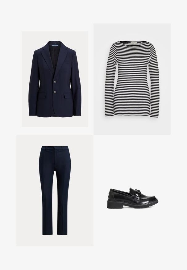 Blazer azul marino para hombre con solapas con muesca, dos botones, bolsillos con solapa y un bolsillo en el pecho, marca Polo de Ralph Lauren.; Top de manga larga en algodón, con rayas horizontales en azul marino y blanco, cuello redondo, corte ajustado, con textura suave y diseño minimalista.; Pantalones rectos a medida de color azul marino oscuro con trabillas para cinturón y cierre delantero con cremallera sobre fondo blanco.; Mocasines de charol negro con puntera redonda, un acento trenzado y una suela de goma negra gruesa. Textura suave y diseño elegante.