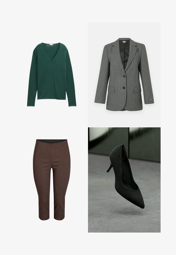 Blazer gris a rayas con solapa muesca, cierre de dos botones y dos bolsillos delanteros. Interior forrado y hombros ligeramente acolchados para mayor estructura.; Suéter verde de manga larga con escote en V profundo, hecho de un tejido suave. Presenta un ajuste relajado y una textura sutil y suave.; Pantalones marrones de corte ajustado y largo hasta media pantorrilla, con una textura suave y cintura elástica, diseñados para ajustarse ceñidamente desde la cintura hasta la mitad de la pantorrilla.; Zapato de tacón alto negro con punta afilada flotando sobre un suelo de moqueta gris con una pared verde oscuro de fondo.