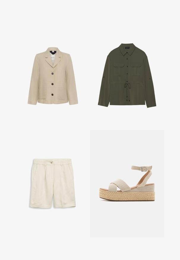 Blazer beige pour femme avec de fines rayures verticales, trois boutons foncés, deux poches avant et un col cranté.; Veste chemise olive avec un devant à boutons, deux poches poitrine et une taille à cordon. Elle présente un col classique et des manches longues.; Short beige longueur genou avec ceinture élastique, fermeture par bouton, passants pour ceinture et poches latérales, posé à plat sur fond blanc.; Sandales plateforme espadrilles beiges avec une tige en textile tissé, des sangles croisées, une boucle à la cheville et une semelle en jute texturé.
