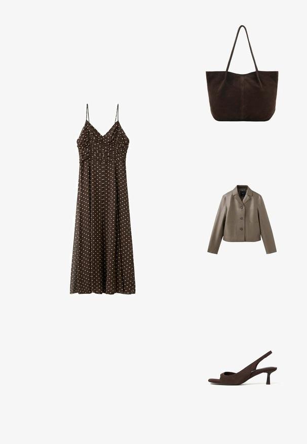 Veste courte en similicuir taupe avec trois boutons, col cranté et deux poches plaquées à l'avant, présentée à plat sur fond blanc.; Robe midi marron à pois blancs, corsage froncé et fines bretelles spaghetti.; Chaussure en daim marron à bout ouvert, bride arrière, petit talon kitten et bride incurvée, présentée sur un fond blanc.; Sac cabas en daim marron foncé avec de fines bretelles et un design simple, sans ornements, sur fond blanc.