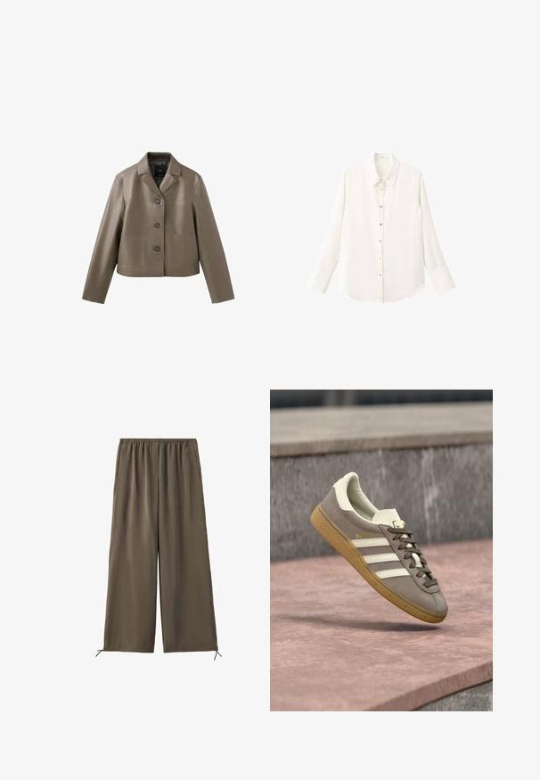 Veste courte en similicuir taupe avec trois boutons, col cranté et deux poches plaquées à l'avant, présentée à plat sur fond blanc.; Chemise blanche à manches longues avec col classique et fermeture boutonnée à l'avant ; elle est conçue dans un tissu léger et lisse avec un ourlet arrondi.; Pantalon vert olive ample avec taille élastique et cordons au bas, présenté à plat sur fond blanc.; Baskets Adidas en suède marron clair avec des rayures blanches et une semelle gomme, suspendues au-dessus de marches en pierre rose en plein air.