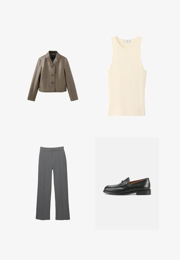 Veste courte en similicuir taupe avec trois boutons, col cranté et deux poches plaquées à l'avant, présentée à plat sur fond blanc.; Débardeur côtelé de couleur crème, sans manches, avec un col rond et une petite étiquette de marque à l'intérieur du col au dos.; Pantalon gris à jambes larges en tissu texturé, avec devant plat, deux plis verticaux et une taille standard.; Mocassins en cuir noir avec un design cousu, comportant un double accent boucle et un talon légèrement surélevé pour plus de hauteur.
