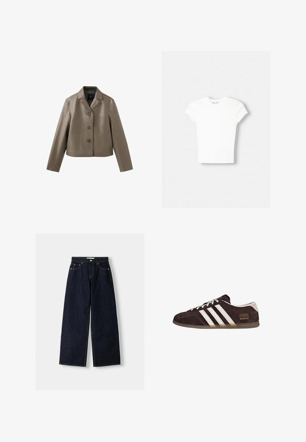 Taupekleurige cropped jas van nepleer met drie knopen, een ingesneden kraag en twee opgestikte zakken aan de voorkant, plat uitgestald op een witte achtergrond.; Witte t-shirt met korte mouwen van zachte katoen, met een ronde halslijn en een getailleerde vorm. Geen zichtbare patronen of versieringen.; Donkerblauwe denim wijduitlopende jeans met een hoge taille, vijf zakken, contrasterende stiksels en zilveren metalen hardware. Gladde textuur en een nette afwerking.; Bruine suède sneakers met drie witte strepen, rubberen zool en een tekstlabel met de tekst "Gazelle" in goud. Vetersluiting met grijze veters.