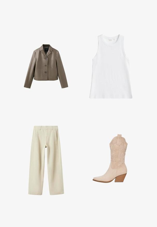 Taupekleurige cropped jas van nepleer met drie knopen, een ingesneden kraag en twee opgestikte zakken aan de voorkant, plat uitgestald op een witte achtergrond.; Witte geribbelde mouwloze tanktop met ronde hals, maat small, weergegeven op een effen achtergrond.; Beige broek met wijde pijpen, zijzakken, riemlussen en zichtbare naden, plat liggend op een witte achtergrond.; Beige suède cowboylaars met een spitse neus, geborduurde details op de schacht en een gestapelde houten hak.