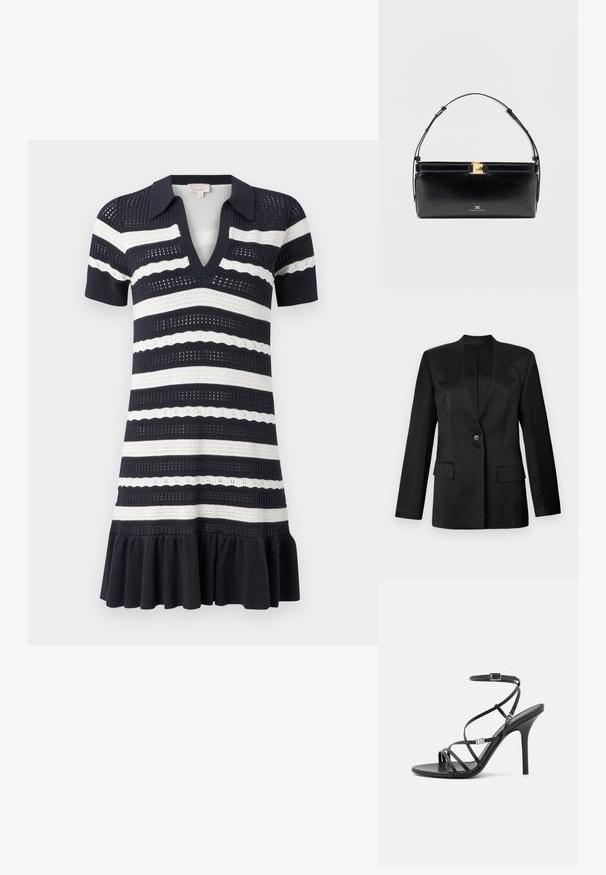 Sort blazer med enkelt knaplukning, v-snit krave og to frontlommere. Lavet af glat stof med en struktureret silhuet.; Cinq à Sept CLEMENTINE DRESS - Hverdagskjole - navy/ivory; Sort højhælet sandal med tynde stropper, en ankelspænde, en glat læderoverflade og en slank stilethæl.; Sort læderhåndtaske med rektangulært form, guldfarvet hardware, klaplukning og justerbar skulderrem. Glat tekstur.