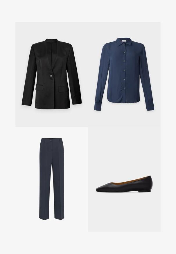 Blazer noir avec une fermeture à un bouton, des revers crantés et deux poches avant. Fabriqué en tissu lisse avec une silhouette structurée.; Chemise bleu marine à manches longues avec boutons, col et poignets, affichée à plat sur un fond clair.; Pantalons ajustés bleu marine avec une coupe droite, dotés d'une fermeture à bouton sur le devant et de détails de plis discrets. Texture de tissu lisse.; Chaussure plate en cuir noir à bout pointu avec talon bas et finition lisse, vue de côté sur un fond gris clair.