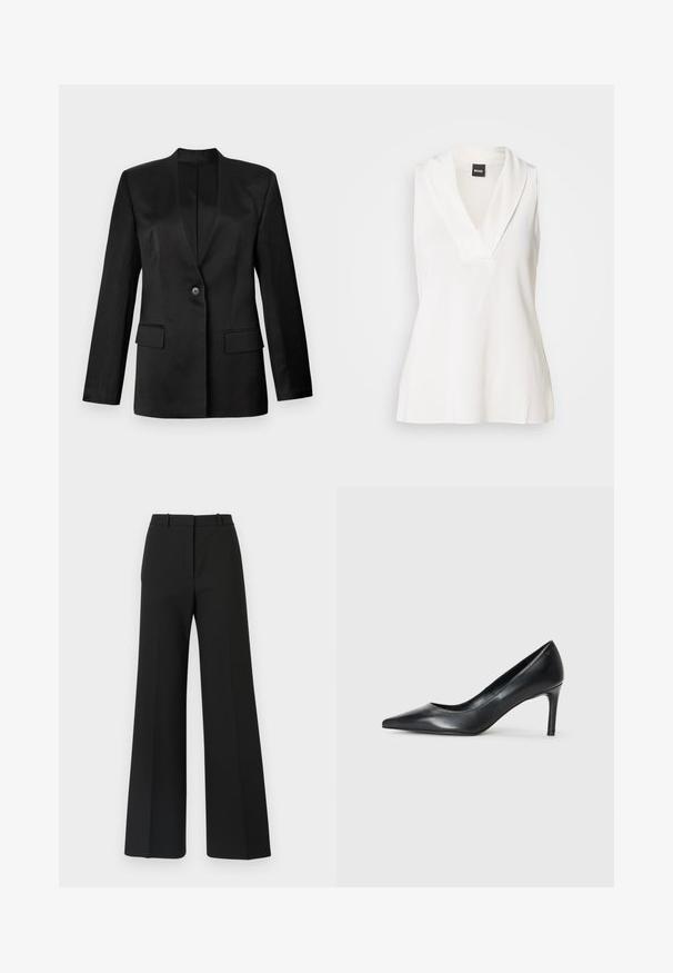 Schwarzer Blazer mit einem einzelnen Knopfverschluss, Reverskragen und zwei vorderen Taschen. Aus glattem Stoff mit strukturierter Silhouette gefertigt.; Weißes ärmelloses Oberteil mit V-Ausschnitt, ausgestattet mit einem drapierten Kragen und einer glatten, leicht glänzenden Textur. Ideal zum Schichten.; Schwarze weite Hosen mit maßgeschneidertem Design, das eine glatte Textur und subtile Falten an der Vorderseite aufweist. Keine sichtbaren Beschläge oder Muster.; Schwarze Leder-Pumps mit spitzem Zehenbereich und schmalem Absatz, glatter Textur und ohne sichtbare Verzierungen. Sauberes Design mit minimalistischem Ästhetik.