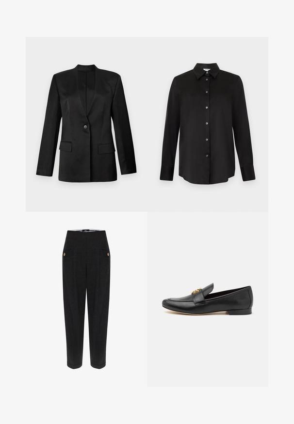 Blazer negro con cierre de un solo botón, solapas con muesca y dos bolsillos frontales. Hecho de una tela suave con una silueta estructurada.; Camisa negra de manga larga con botones, cuello puntiagudo y siete botones, mostrada sobre un fondo gris claro.; Pantalones negros a medida con un tejido texturizado, que presentan bolsillos frontales, acentos de botones en tono dorado y una silueta ajustada.; Mocasines de cuero negro con puntera redondeada, tacón plano y acento en tono dorado en la correa. Textura suave con detalles de diseño mínimos.