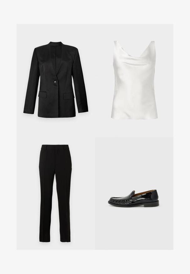 Sort blazer med enkelt knaplukning, v-snit krave og to frontlommere. Lavet af glat stof med en struktureret silhuet.; Hvid satin ærmeløs camisole top med draperet halsudskæring og en glat, skinnende tekstur.; Sorte skræddersyede bukser lavet af et glat materiale, med lige snit, pressefolder, bæltesløjfer og lynlås til lukning.; Sorte patentlæder loafers med frangesmykning på fronten og rund tå. Sålen er flad og tekstureret for godt greb.