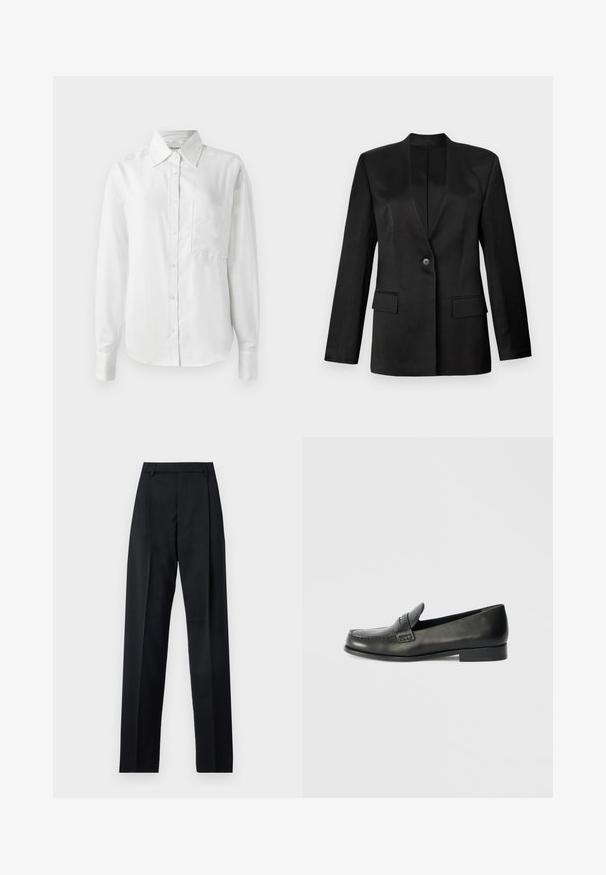 Blazer noir avec une fermeture à un bouton, des revers crantés et deux poches avant. Fabriqué en tissu lisse avec une silhouette structurée.; Chemise blanche à manches longues, en tissu lisse, dotée d'un col pointu, d'une poche avant et de poignets boutonnés pour un look ajusté.; Pantalon noir en tissu lisse avec taille haute, jambes larges, plis à l'avant et passants de ceinture classiques. Pas de poches latérales visibles.; Mocassins en cuir noir avec un bout arrondi, des détails de couture surélevés et un talon bas empilé. Texture lisse avec un éclat subtil.