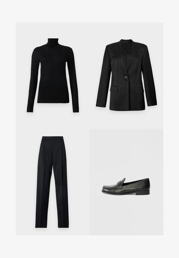 Schwarzer Blazer mit einem einzelnen Knopfverschluss, Reverskragen und zwei vorderen Taschen. Aus glattem Stoff mit strukturierter Silhouette gefertigt.; Schwarzer Rollkragenpullover aus weichem, leichtem Material. Mit langen Ärmeln und einem taillierten Design mit hohem Kragen.; Schwarze Hosen aus glattem Stoff mit hoher Taille, weitem Bein, vorderen Falten und klassischen Gürtelschlaufen. Keine sichtbaren Seitentaschen.; Schwarze Leder-Slipper mit abgerundeter Spitze, erhöhten Nähdetails und einem niedrigen, gestapelten Absatz. Glatte Textur mit einem dezenten Glanz.