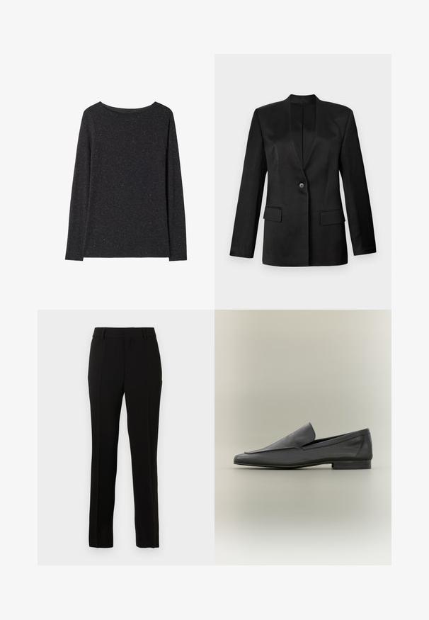 Blazer negro con cierre de un solo botón, solapas con muesca y dos bolsillos frontales. Hecho de una tela suave con una silueta estructurada.; Jersey gris oscuro de manga larga con cuello redondo y textura ligeramente jaspeada, mostrado plano sobre un fondo blanco.; Pantalones negros ajustados hechos de una tela suave, con un corte recto, líneas de pliegue, trabillas para cinturón y cierre de cremallera.; Mocasines de cuero negro con un acabado suave, punta afilada y diseño minimalista. Tacón bajo apilado y acentos de costura sutiles.
