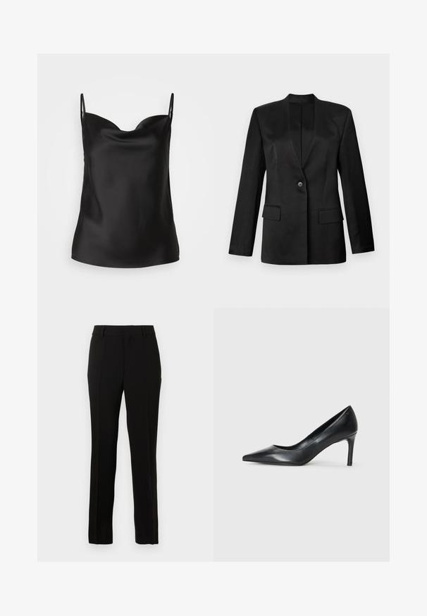 Blazer noir avec une fermeture à un bouton, des revers crantés et deux poches avant. Fabriqué en tissu lisse avec une silhouette structurée.; Camisole en satin noir avec un décolleté plongeant, des bretelles minces et une texture lisse et brillante. Design simple et classique sans ornements.; Pantalons noirs ajustés en tissu lisse, présentant une coupe droite, des plis creux, des passants de ceinture et une fermeture éclair.; Escarpin noir en cuir à bout pointu avec un talon fin, texture lisse et sans embellissements visibles. Design épuré avec une esthétique minimaliste.
