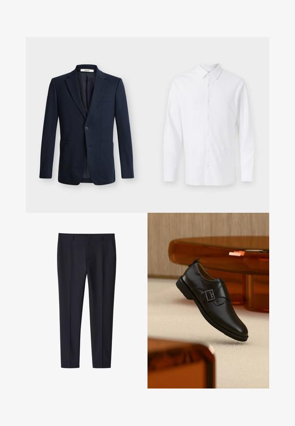Donkerblauw herenenkelsluiting blazer met opliggende revers, één knoopsluiting en twee opgestikte voorzakken op een effen achtergrond.; Witte blouse met lange mouwen, knoopsluiting, puntkraag en een subtiel geborduurd logo op de linkerborst.; Navy blauwe slim-fit formele broek met riemlussen en zijzakken, voorvouw detail, geschikt voor zakelijke of formele kleding.; Zwarte leren monkstrap schoen met gespen van zilver, zwevend boven beige tapijt met bruin doorschijnend meubilair op de achtergrond.