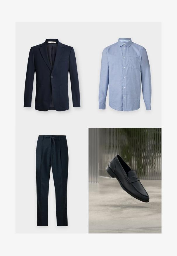Dunkelblauer Herren-Blazer mit Einreiher, angesetztem Revers, einem Knopf zum Schließen und zwei aufgesetzten Vordertaschen auf einfarbigem Hintergrund.; Langärmliges Hemd mit Knopfleiste, kleinem blau-weiß kariertem Muster, klassischem Kragen und aufgesetzter Brusttasche vor neutralem Hintergrund.; Marineblaue Hose aus strukturiertem Stoff, mit einem Kordelzugbund, geraden Beinen und zwei vorderen Falten für eine maßgeschneiderte Optik.; Schwarzer Lederloafer mit glatter Oberfläche, spitzer Zehenpartie und gestickten Details über dem Spann. Niedriger Absatz und minimalistisches Design.