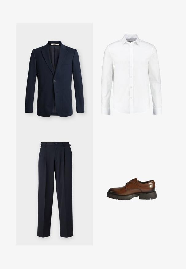 Blazer homme bleu marine foncé, à simple boutonnage, avec revers crantés, une fermeture à un bouton et deux poches plaquées devant sur fond uni.; Chemise blanche à manches longues à boutons, fabriquée en coton lisse. Dotée d'un col classique et d'une fermeture à boutons à l'avant avec un ourlet droit.; Pantalon bleu marine sur mesure avec fermeture devant par bouton et zip, passants de ceinture et poches latérales, présenté sur un fond blanc.; Chaussure habillée en cuir marron avec une finition lisse, un bout rond, un design à lacets et une semelle épaisse noire contrastante avec une bonne adhérence.