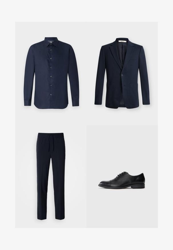 Dunkelblauer Herren-Blazer mit Einreiher, angesetztem Revers, einem Knopf zum Schließen und zwei aufgesetzten Vordertaschen auf einfarbigem Hintergrund.; Navy langärmliges Hemd mit Button-Down-Kragen, glatter Textur und durchgehender Knopfleiste; bietet eine taillierte Passform und abgerundetem Saum.; Marineblaue, leichte Hose mit einem elastischen Bund und verstellbarem Kordelzug, ausgestattet mit einem geraden Schnitt und glatter Textur.; Schwarzer Leder-Herreno-xford-Schuh mit geschlossener Schnürung, Kappzehen und niedrigem, gestapeltem Absatz, in Seitenansicht auf hellgrauem Hintergrund gezeigt.