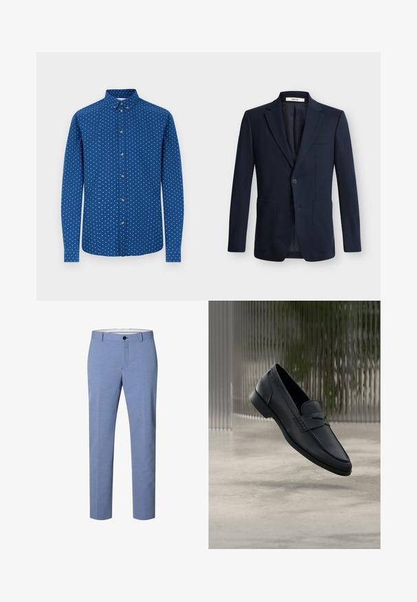 Blazer homme bleu marine foncé, à simple boutonnage, avec revers crantés, une fermeture à un bouton et deux poches plaquées devant sur fond uni.; Chemise à manches longues avec boutons, en tissu bleu orné de motifs carrés blancs, dotée d'un col classique et de boutons métalliques sur le devant.; Pantalon sur mesure pour homme bleu clair avec fermeture par bouton et zip, passants pour ceinture, coupe slim.; Mocassin en cuir noir à finition lisse, bout pointu et détails cousus sur le dessus. Talon bas et design minimaliste.