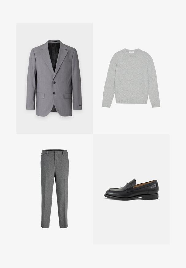 Grijze blazer met een gladde textuur, enkelvoudig gekleed ontwerp, notch revers, twee knopen en twee zijzakken; gevoerde binnenkant zichtbaar.; Lichtgrijze wollen trui met ronde hals, lange mouwen en ribbels aan de manchetten en onderkant. Zachte textuur met een solide, minimalistisch ontwerp.; Grijze wollen mix broek met een rechte pasvorm, voorzien van een platte voorkant, riemlussen en een gestructureerde afwerking.; Zwarte leren herenloafer met gestikte details, lage gestapelde hak en een smalle band over de bovenzijde, zijaanzicht op een witte achtergrond.